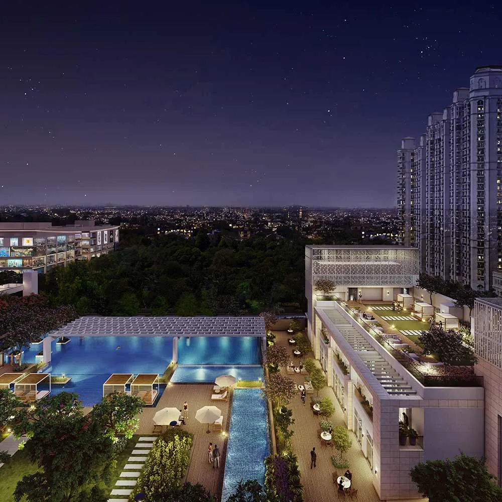 DLF residences with world-class amenities, including a clubhouse, gym, green spaces, and entertainment areas.