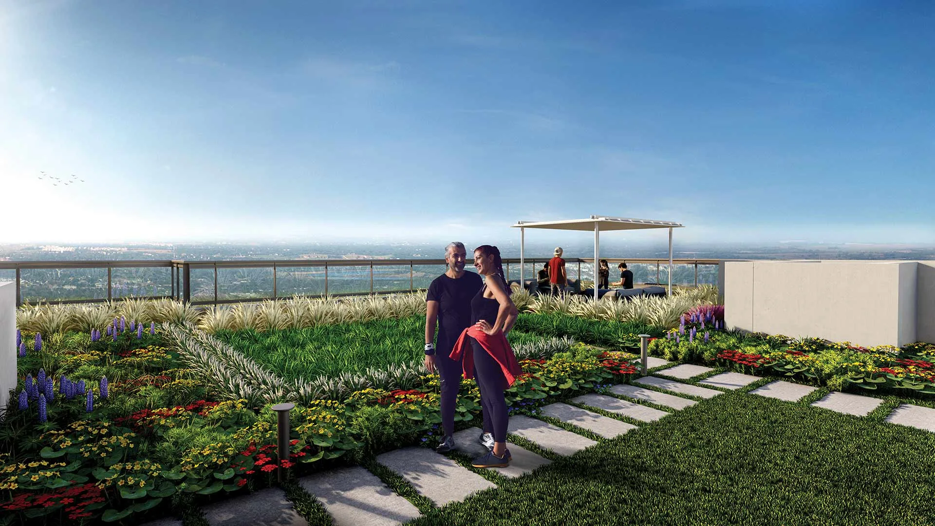 DLF residences featuring a beautifully designed terrace garden with lush greenery and a peaceful setting.