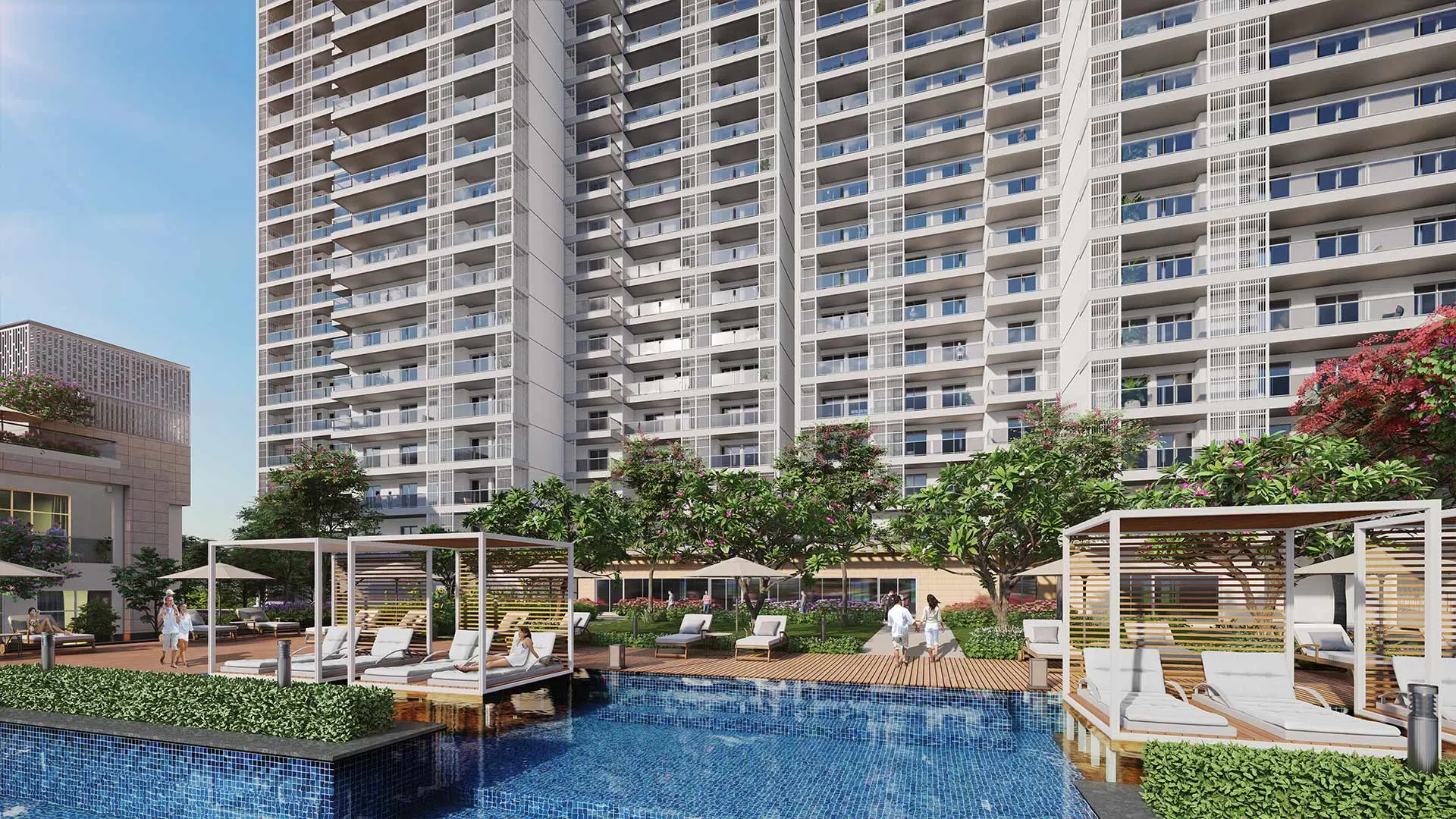 Luxury apartments offering a serene pool view, providing a relaxing and picturesque atmosphere.