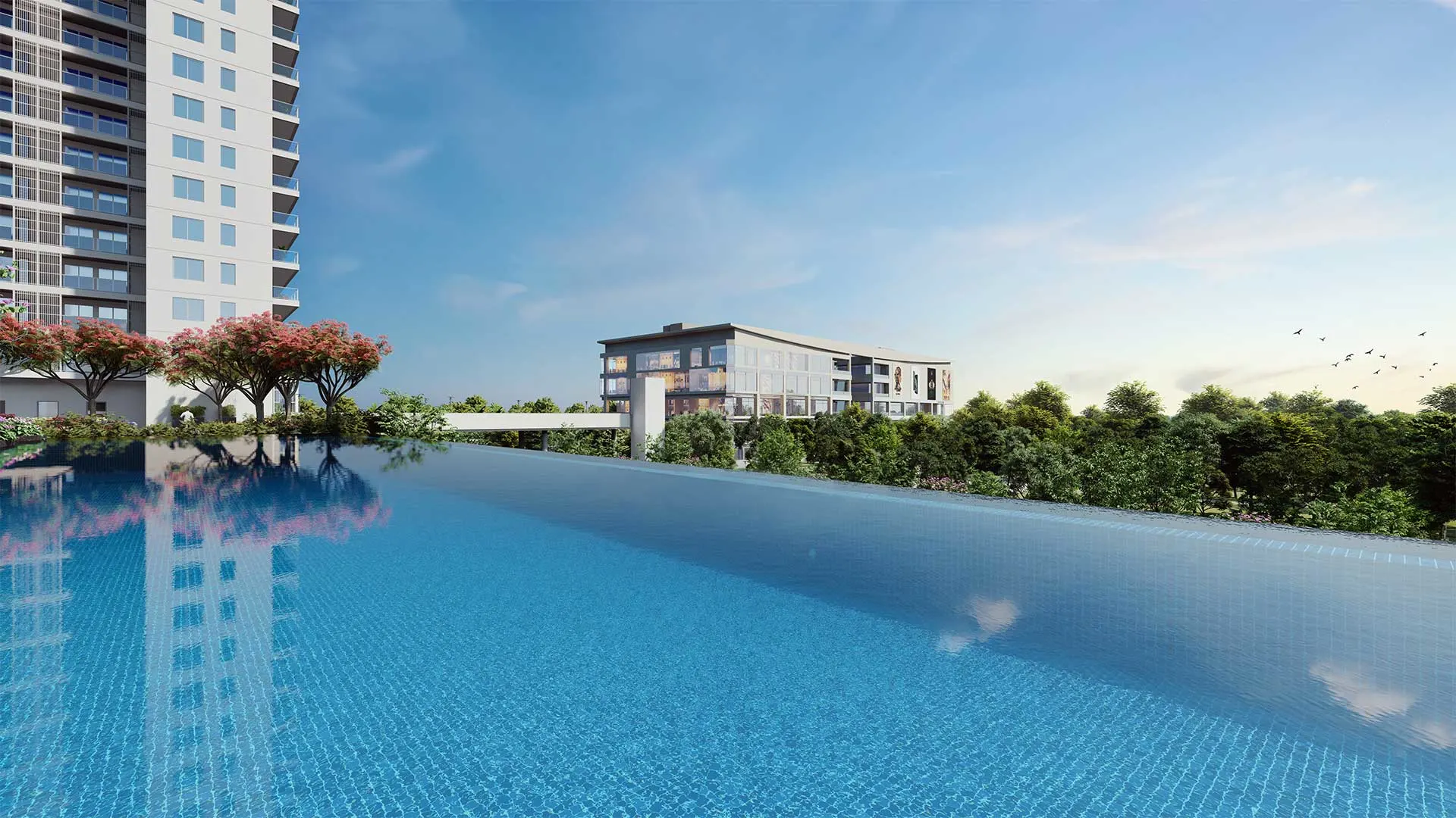 Luxury apartments featuring an infinity pool with a stunning view, perfect for relaxation and leisure.