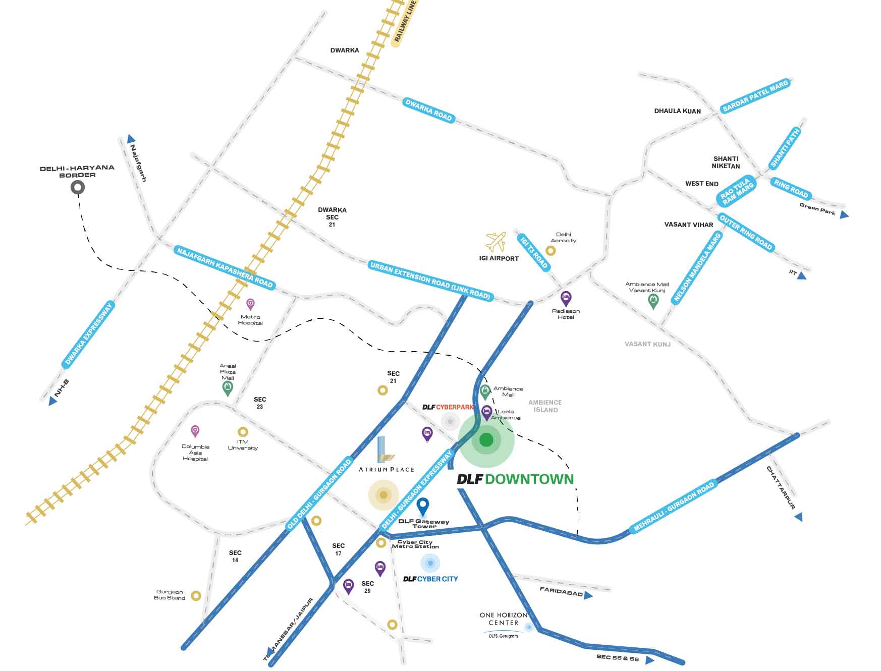 location map of dlf downtown gurugram